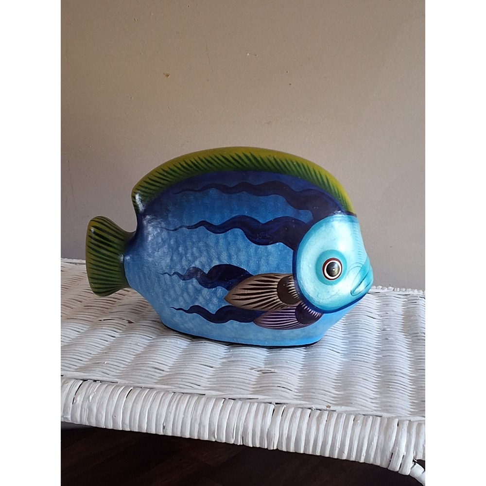 Mexican Folk Art Hand Painted Pottery Fish Figurine Blue Yellow Coastal Decor